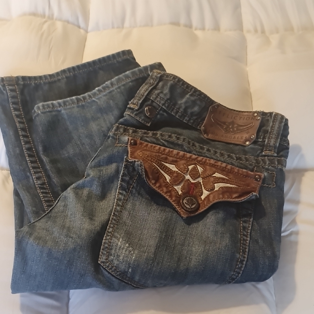 Affliction Dark Blue Bootcut Jeans with Brown Accents